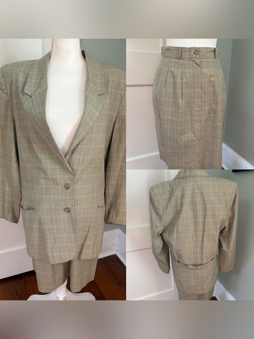 Vintage 1990s Ann Taylor Plaid Skirt Suit Set Yellow Blue Size 8 / 10 Cotton